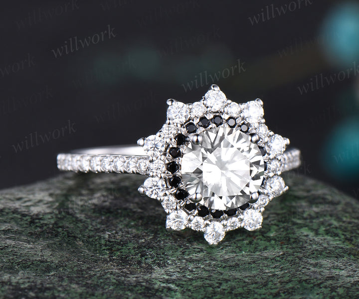 Round Cut Moissanite Engagement Ring Unique Black Diamond Spinel Moissanite Double Halo Wedding Ring Art Deco Half Eternity Bridal Ring