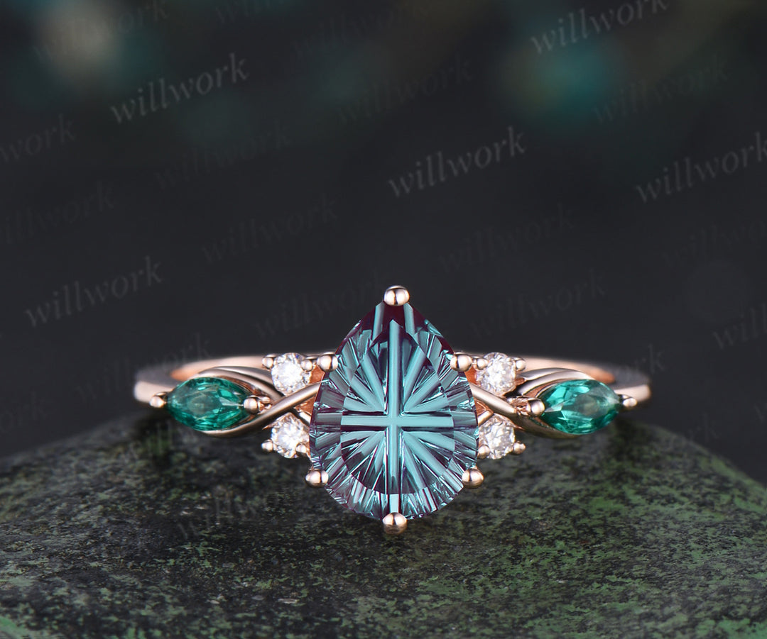 Pear Fantasy Cut Alexandrite Engagement Ring Seven Stone Promise Ring Celtic knot Baguette Cut Emerald Band Unique Bridal Set