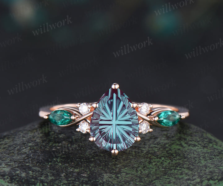 Pear Fantasy Cut Alexandrite Engagement Ring Seven Stone Promise Ring Celtic knot Baguette Cut Emerald Band Unique Bridal Set