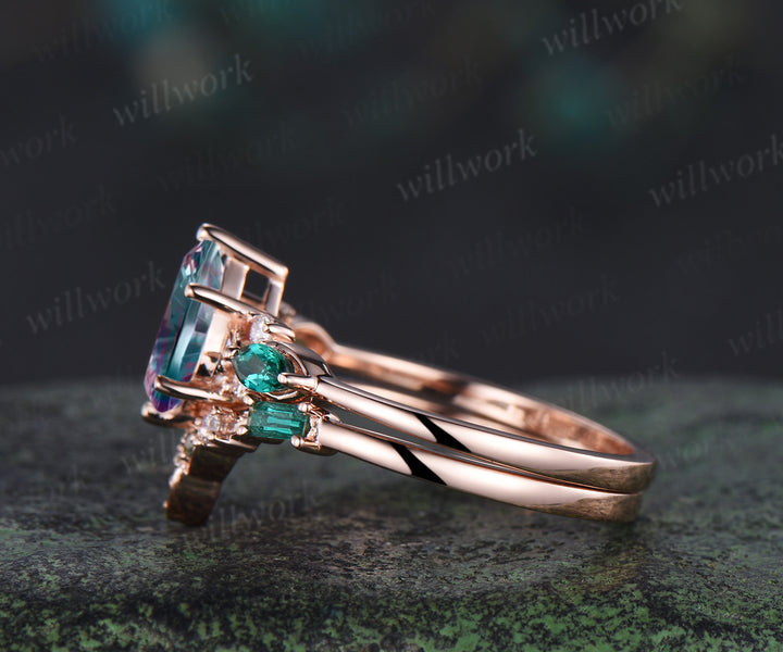 Pear Fantasy Cut Alexandrite Engagement Ring Seven Stone Promise Ring Celtic knot Baguette Cut Emerald Band Unique Bridal Set