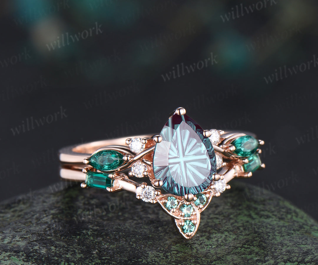 Pear Fantasy Cut Alexandrite Engagement Ring Seven Stone Promise Ring Celtic knot Baguette Cut Emerald Band Unique Bridal Set