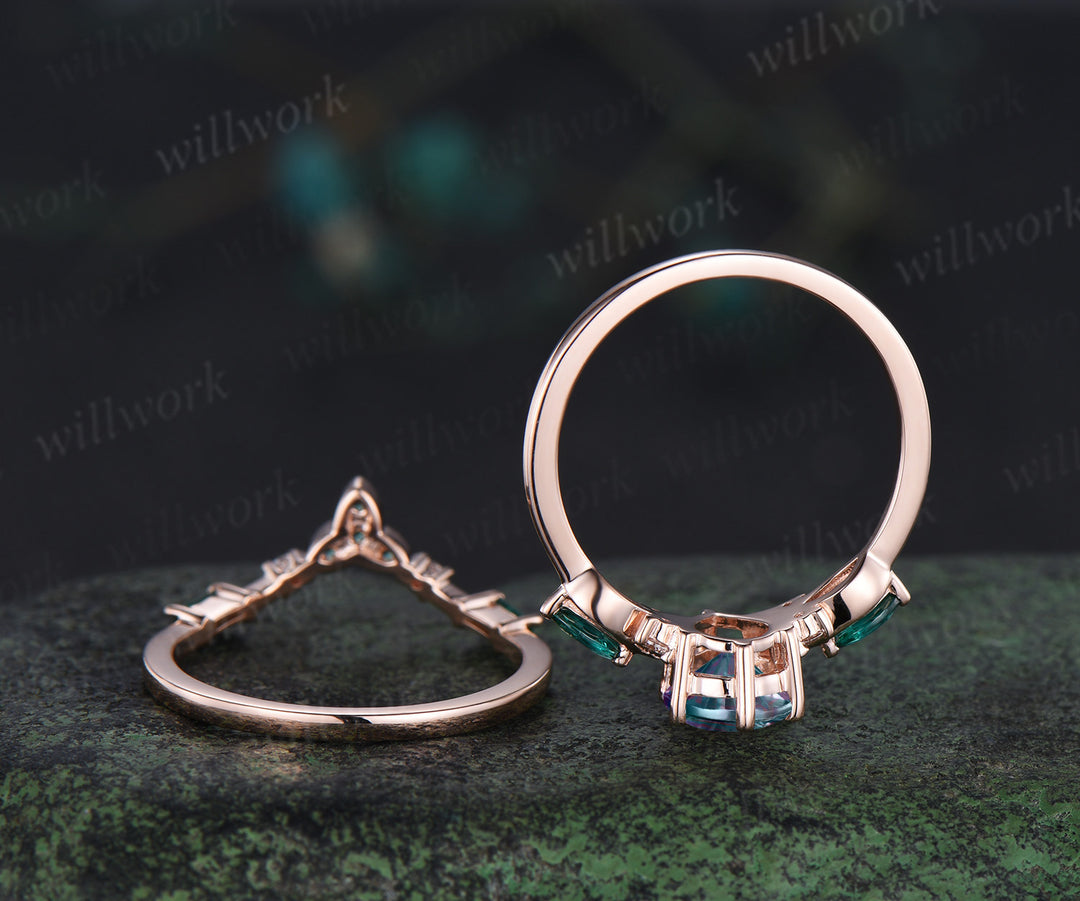Pear Fantasy Cut Alexandrite Engagement Ring Seven Stone Promise Ring Celtic knot Baguette Cut Emerald Band Unique Bridal Set