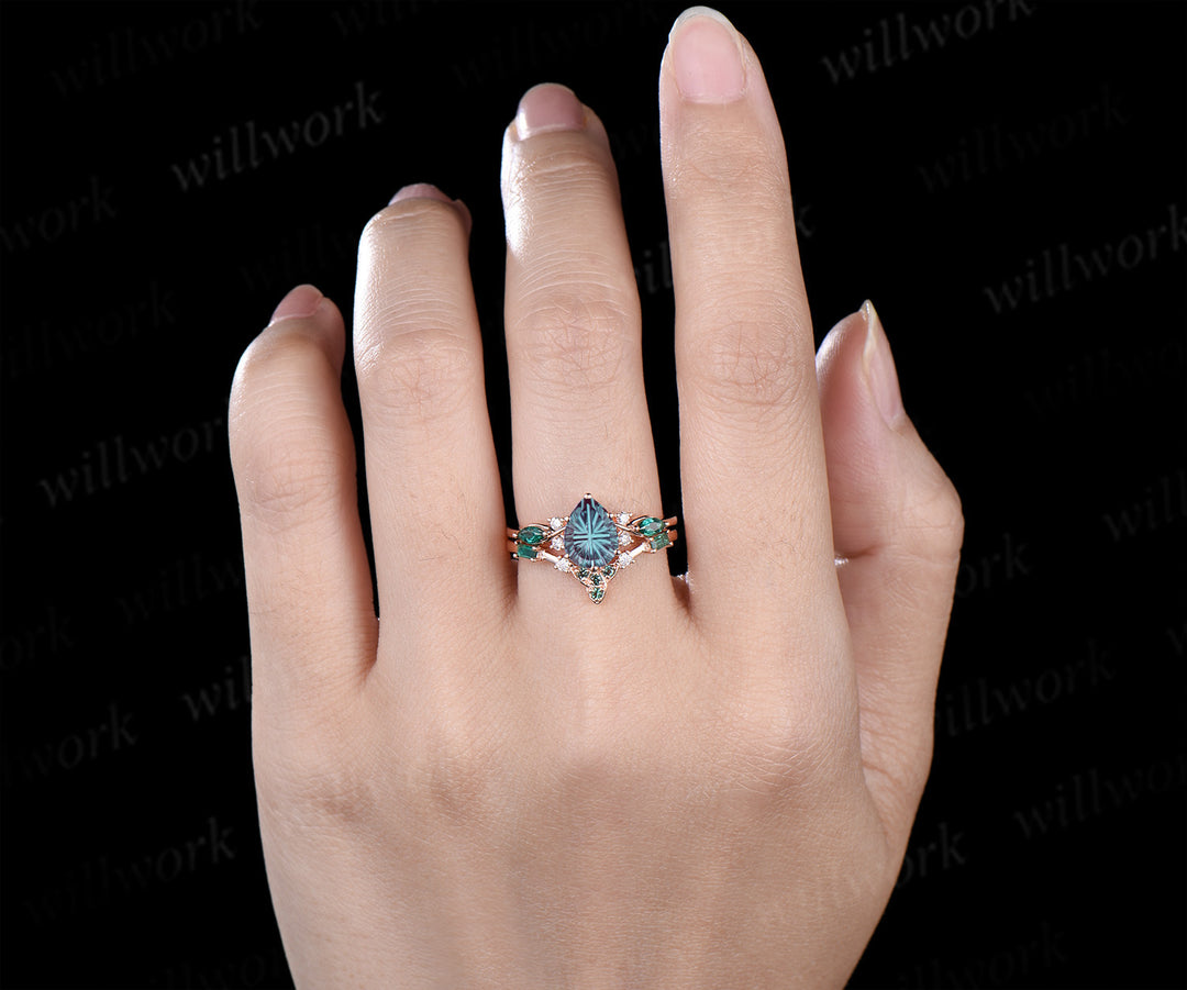 Pear Fantasy Cut Alexandrite Engagement Ring Seven Stone Promise Ring Celtic knot Baguette Cut Emerald Band Unique Bridal Set