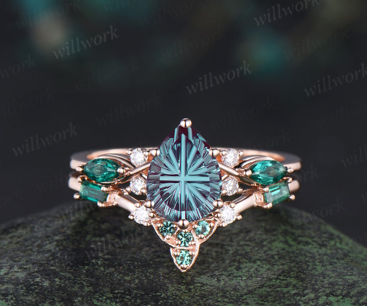 Pear Fantasy Cut Alexandrite Engagement Ring Seven Stone Promise Ring Celtic knot Baguette Cut Emerald Band Unique Bridal Set