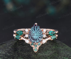 Pear Fantasy Cut Alexandrite Engagement Ring Seven Stone Promise Ring Celtic knot Baguette Cut Emerald Band Unique Bridal Set