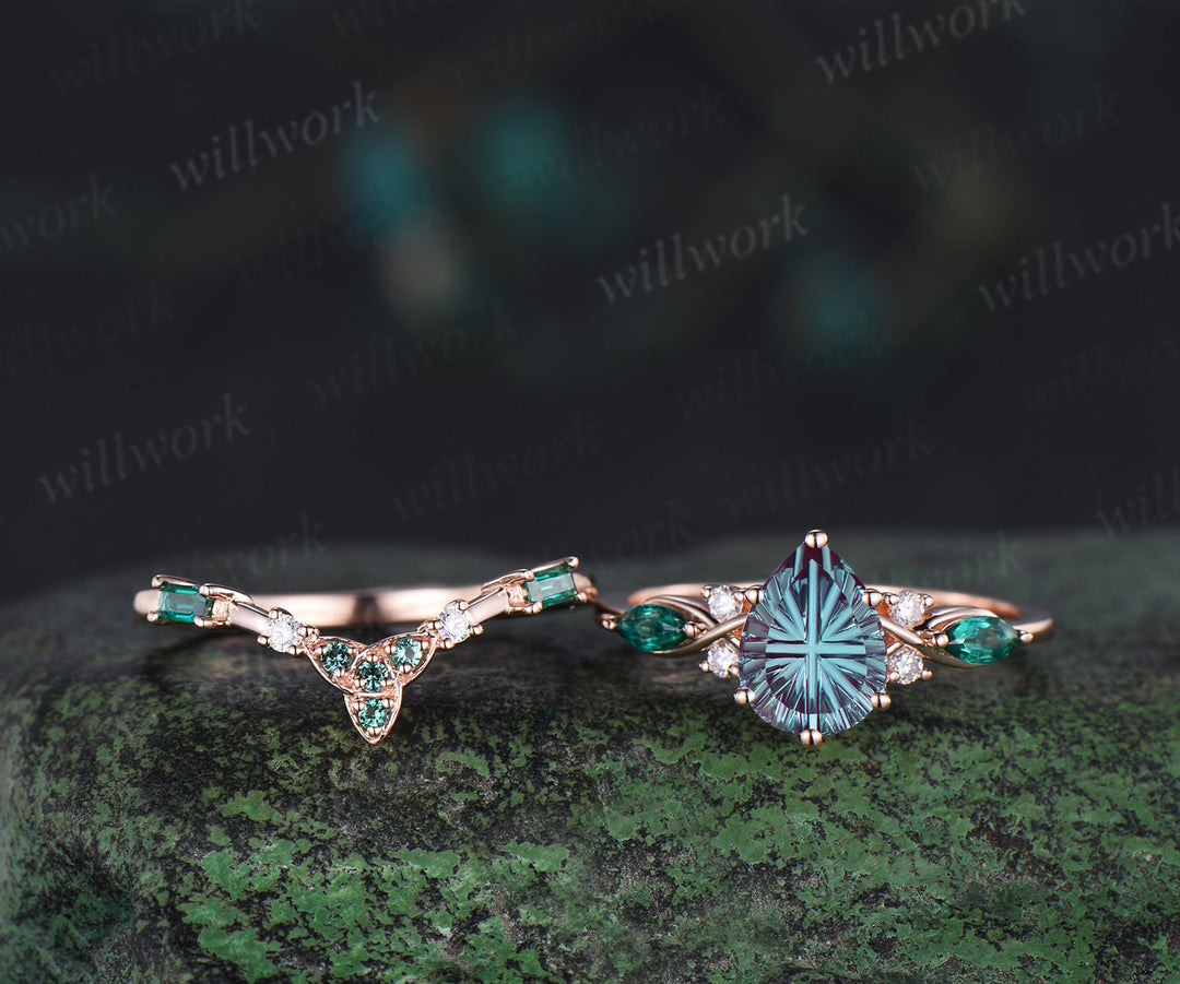 Pear Fantasy Cut Alexandrite Engagement Ring Seven Stone Promise Ring Celtic knot Baguette Cut Emerald Band Unique Bridal Set