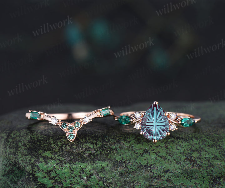 Pear Fantasy Cut Alexandrite Engagement Ring Seven Stone Promise Ring Celtic knot Baguette Cut Emerald Band Unique Bridal Set