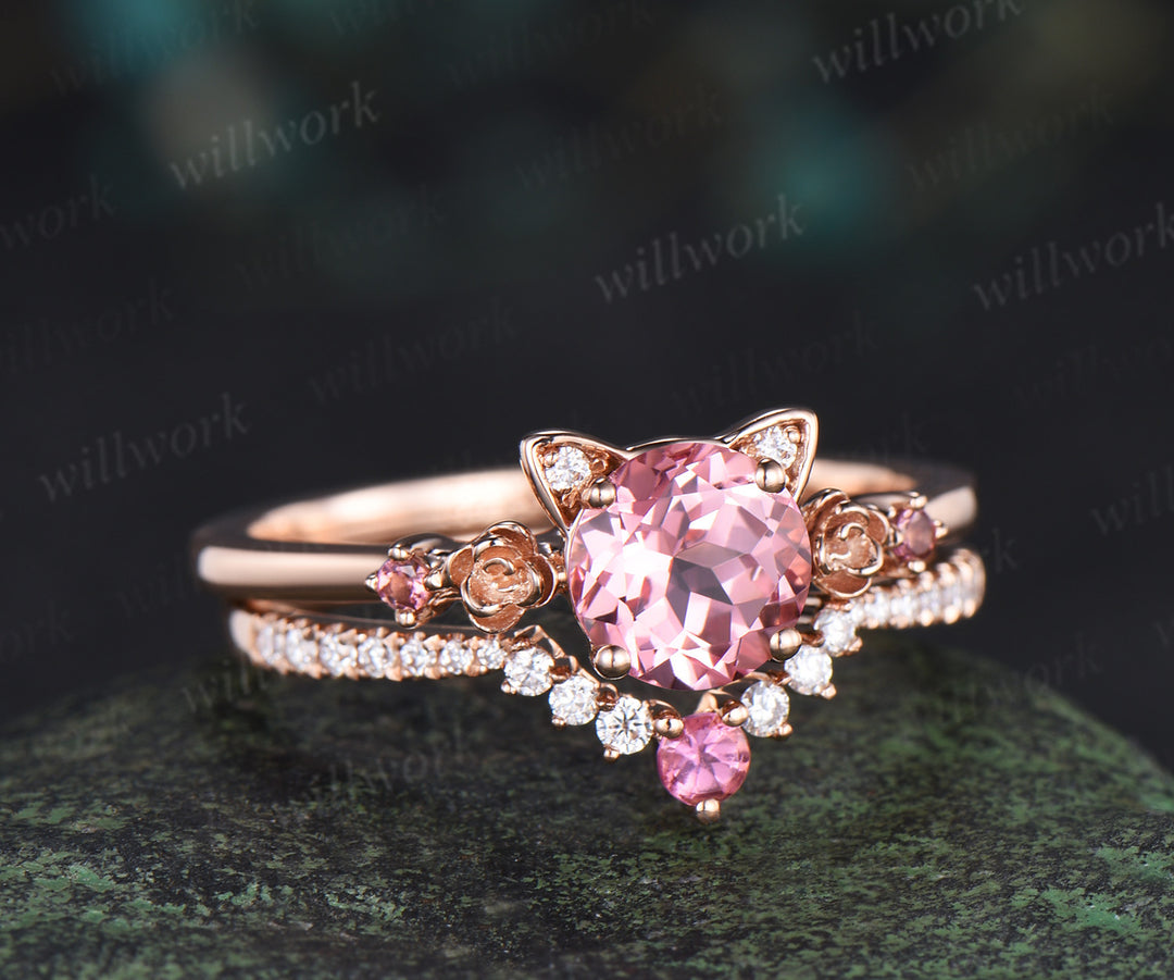 Round cut padparadscha pink sapphire engagement ring floral pink tourmaline ring wedding band cat shaped ring set gifts for women