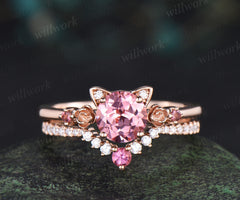 Round cut padparadscha pink sapphire engagement ring floral pink tourmaline ring wedding band cat shaped ring set gifts for women