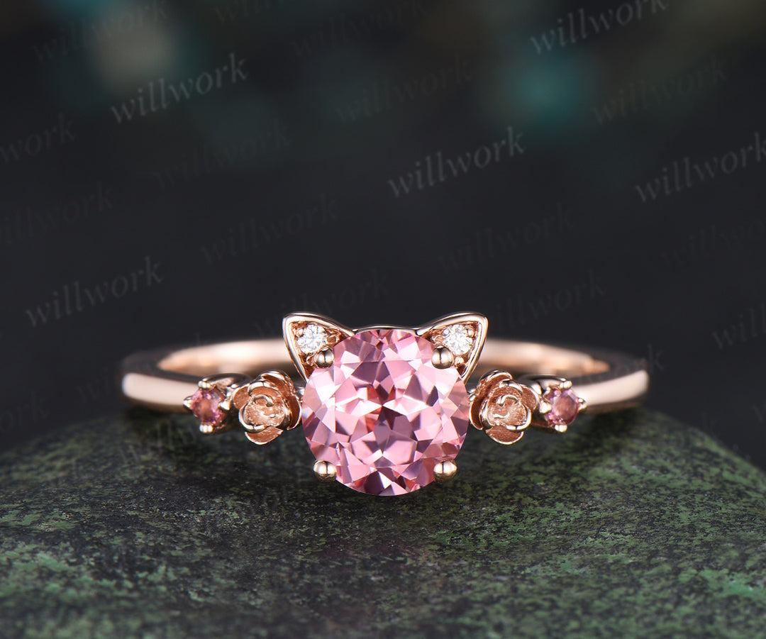 Round cut padparadscha pink sapphire engagement ring floral pink tourmaline ring wedding band cat shaped ring set gifts for women
