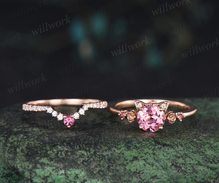 Round cut padparadscha pink sapphire engagement ring floral pink tourmaline ring wedding band cat shaped ring set gifts for women