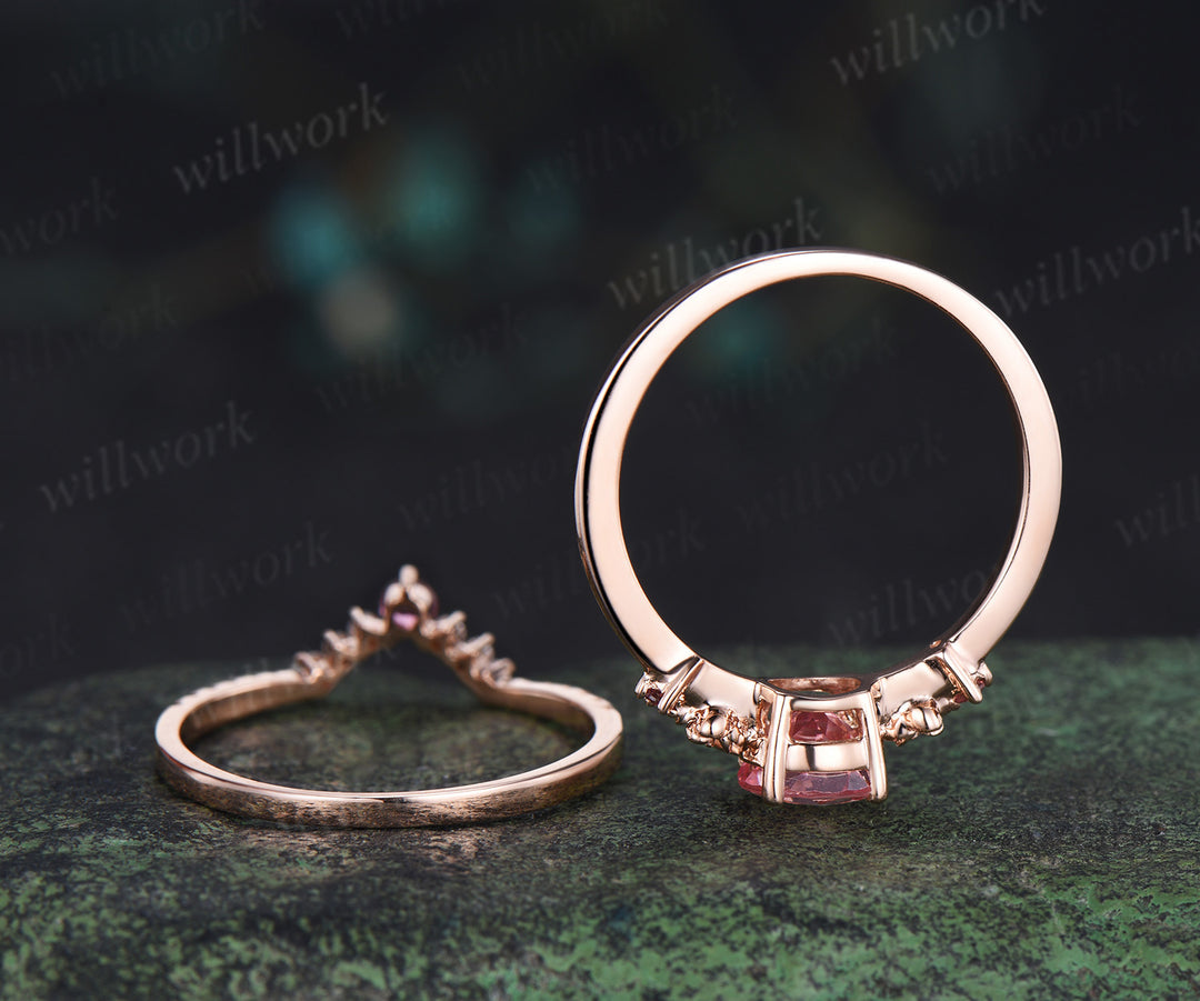 Round cut padparadscha pink sapphire engagement ring floral pink tourmaline ring wedding band cat shaped ring set gifts for women