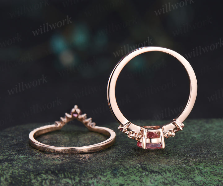 Round cut padparadscha pink sapphire engagement ring floral pink tourmaline ring wedding band cat shaped ring set gifts for women