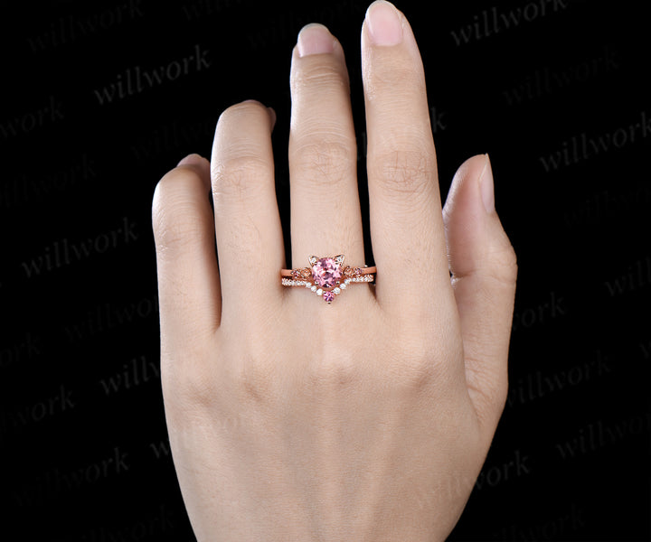 Round cut padparadscha pink sapphire engagement ring floral pink tourmaline ring wedding band cat shaped ring set gifts for women