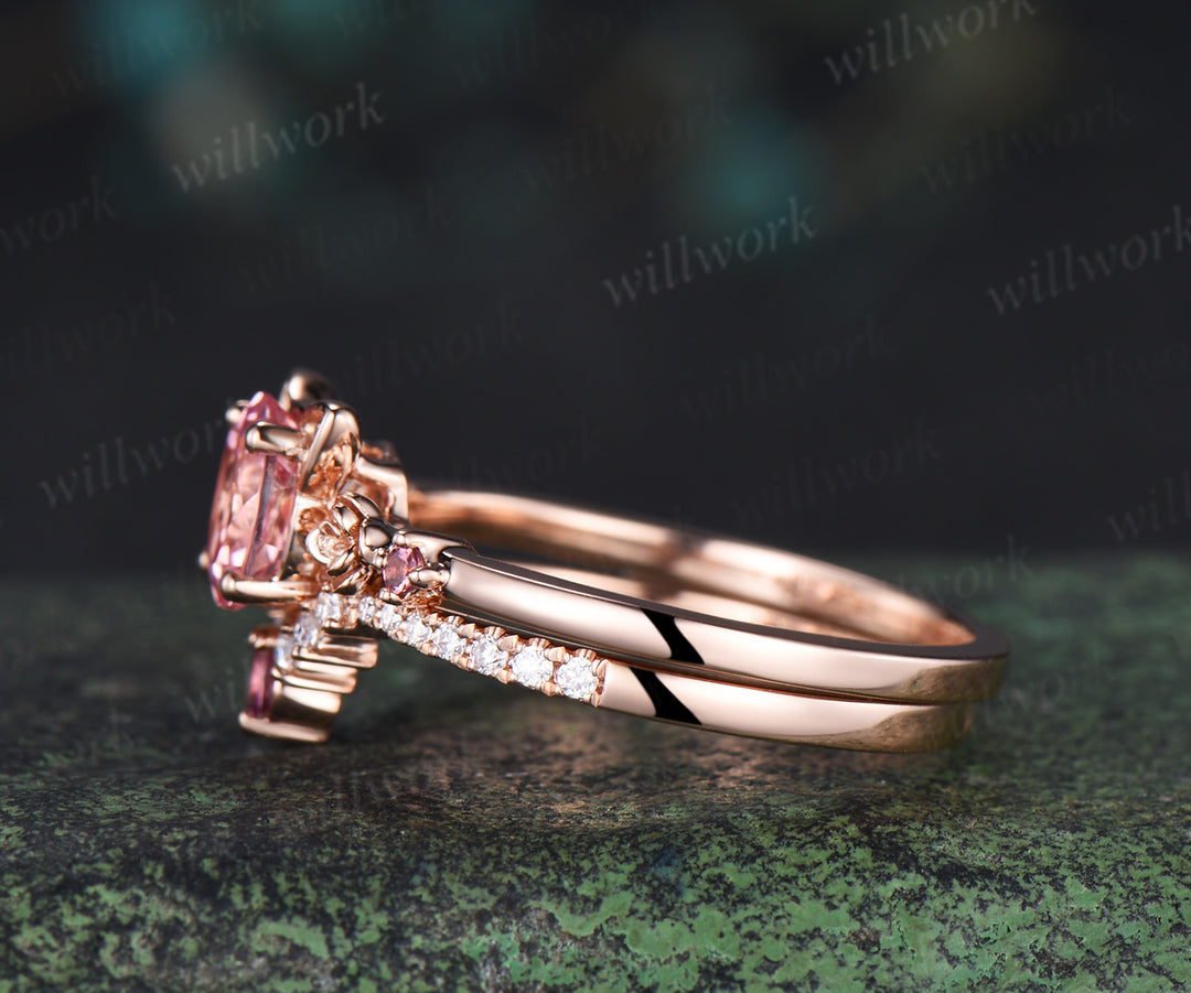 Round cut padparadscha pink sapphire engagement ring floral pink tourmaline ring wedding band cat shaped ring set gifts for women