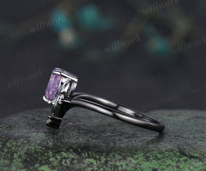 Heart cut lavender amethyst moon ring white gold crescent black gold band two gold tones diamond art deco bridal jewelry