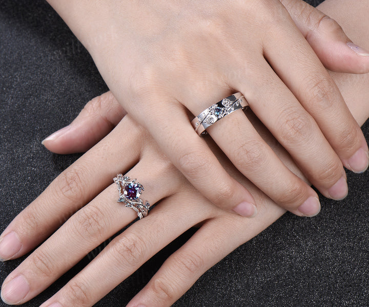 Vintage Round Alexandrite Leaf Bridal Ring Set & Leaf Vine Floral Engraved Alexandrite Men Wedding Ring Enchanted Couple Ring Set