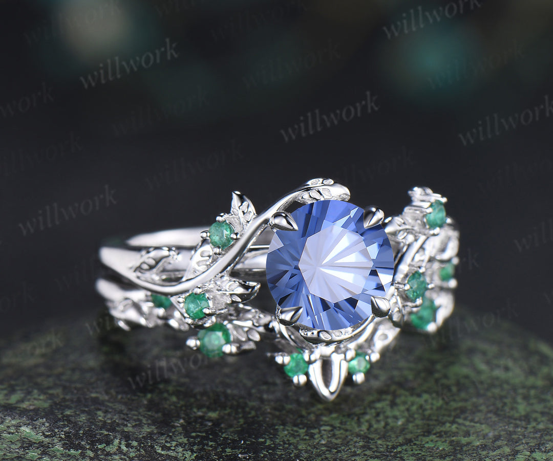 Round Firework cornflower blue sapphire ring set natural emeralds leaf twig ring celtic knot wedding band unique bridal set