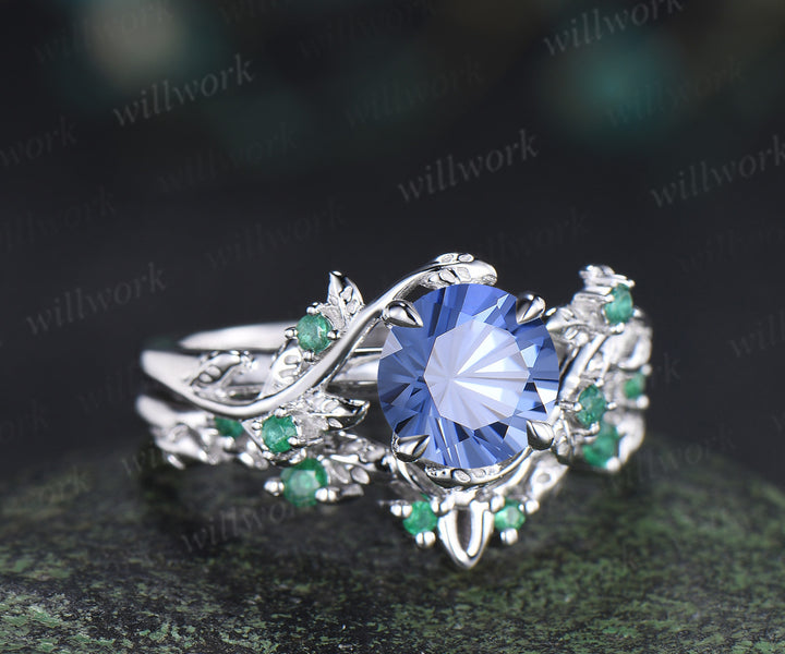 Round Firework cornflower blue sapphire ring set natural emeralds leaf twig ring celtic knot wedding band unique bridal set