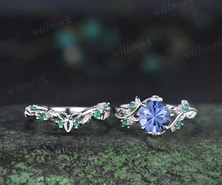 Round Firework cornflower blue sapphire ring set natural emeralds leaf twig ring celtic knot wedding band unique bridal set