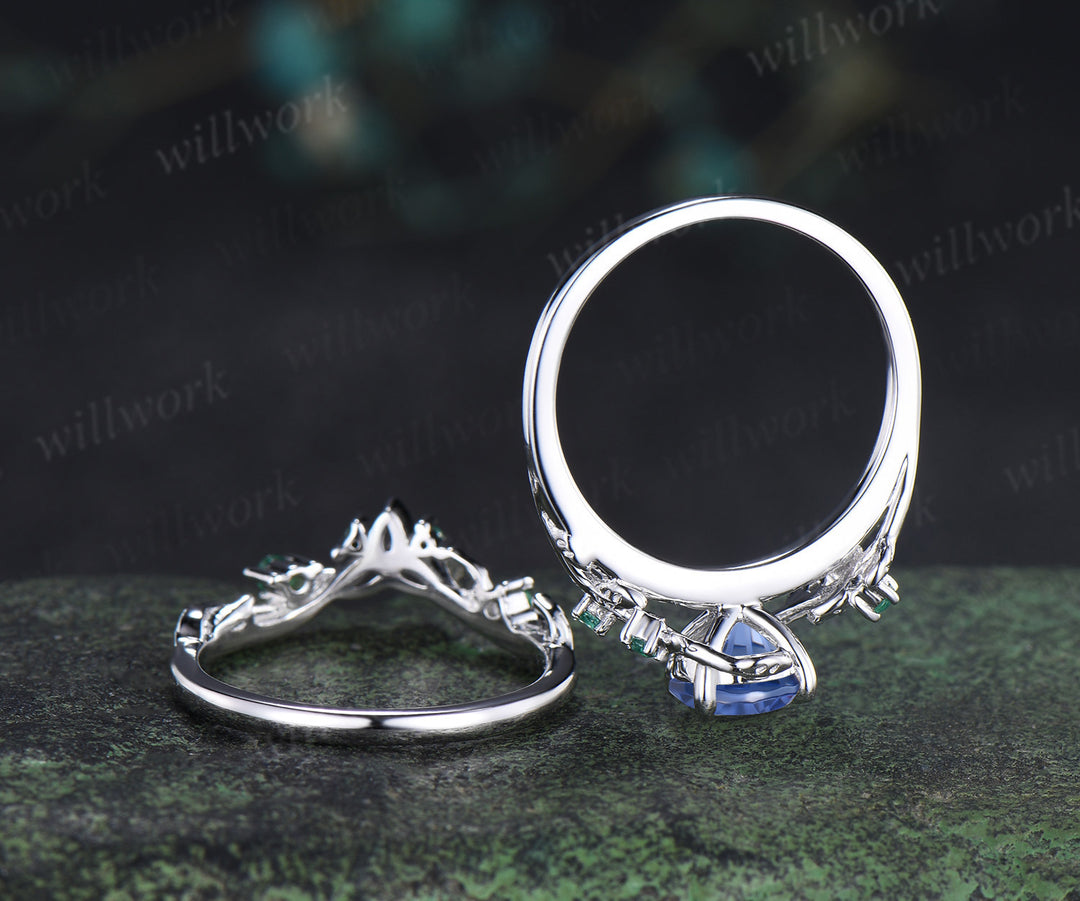 Round Firework cornflower blue sapphire ring set natural emeralds leaf twig ring celtic knot wedding band unique bridal set
