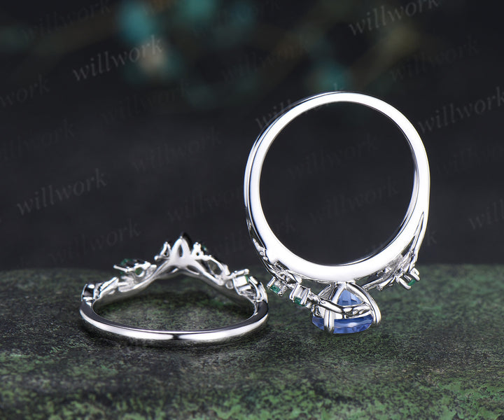 Round Firework cornflower blue sapphire ring set natural emeralds leaf twig ring celtic knot wedding band unique bridal set