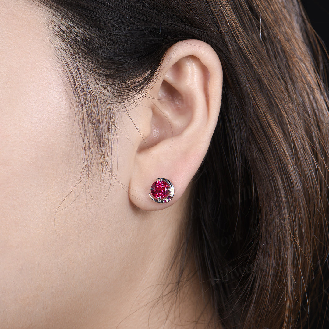 Round ruby moon stud earrings unique solid 14k 18k white gold ruby cluster earrings July birthstone jewelry gifts for women
