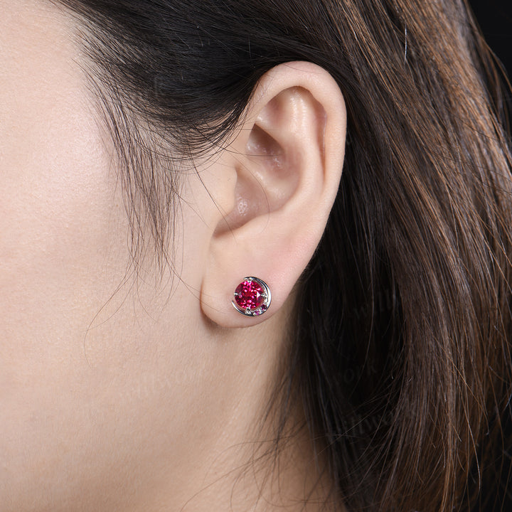 Round ruby moon stud earrings unique solid 14k 18k white gold ruby cluster earrings July birthstone jewelry gifts for women