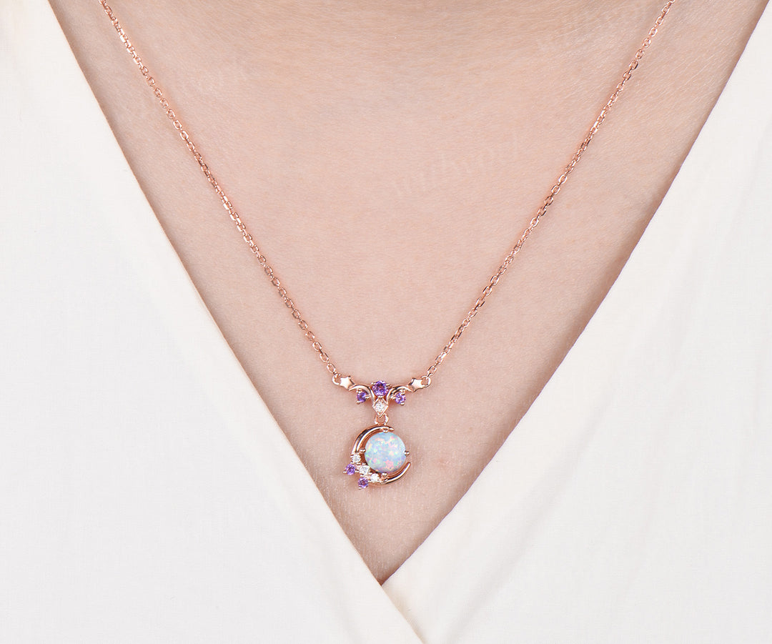 Dainty round opal moon stars necklace amethyst moissanite cluster pendant October birthstone jewelry anniversary gifts