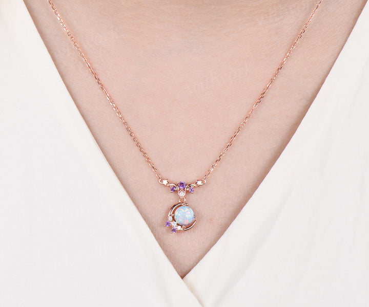 Dainty round opal moon stars necklace amethyst moissanite cluster pendant October birthstone jewelry anniversary gifts