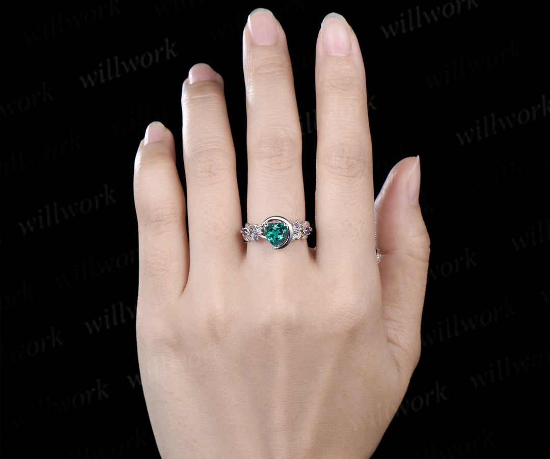 Unique trillion cut emerald engagement ring star leaf twig amethyst accent five stones promise ring