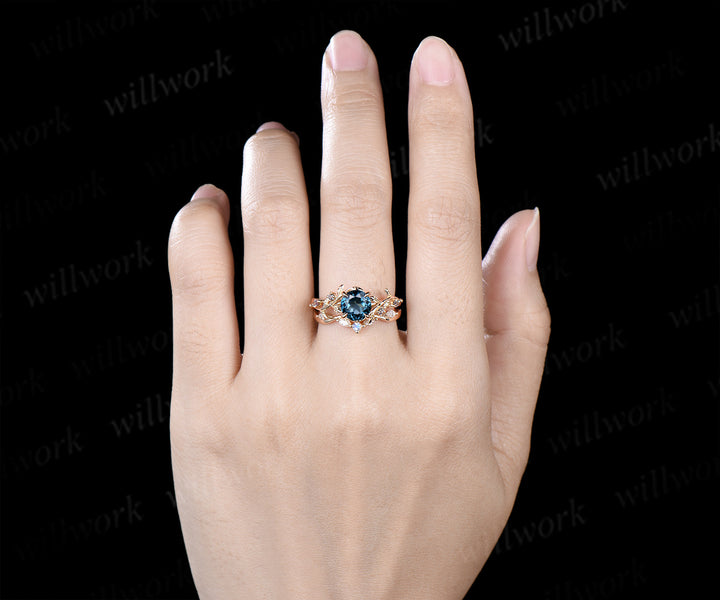 Nature inspired round London blue topaz ring set leaf twig alexandrite ring moonstone moissanite wave band bridal set