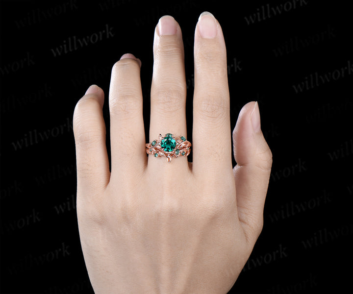 Round emerald engagement ring set marquise emerald twig ring celtic knot wedding band nature inspired bridal set