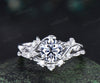 Round cut gray moissanite ring set nature inspired leaf moissanite ring matching wedding band unique bridal set jewelry gifts