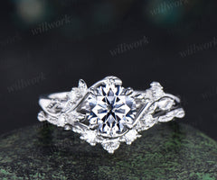 Round cut gray moissanite ring set nature inspired leaf moissanite ring matching wedding band unique bridal set jewelry gifts