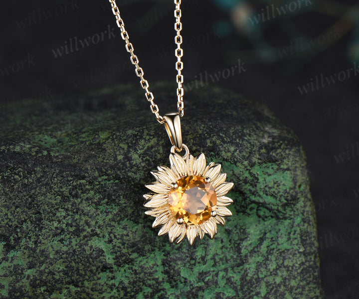 Round cut citrine sunflower necklace solitare yellow cystal pendant necklace November jewelry