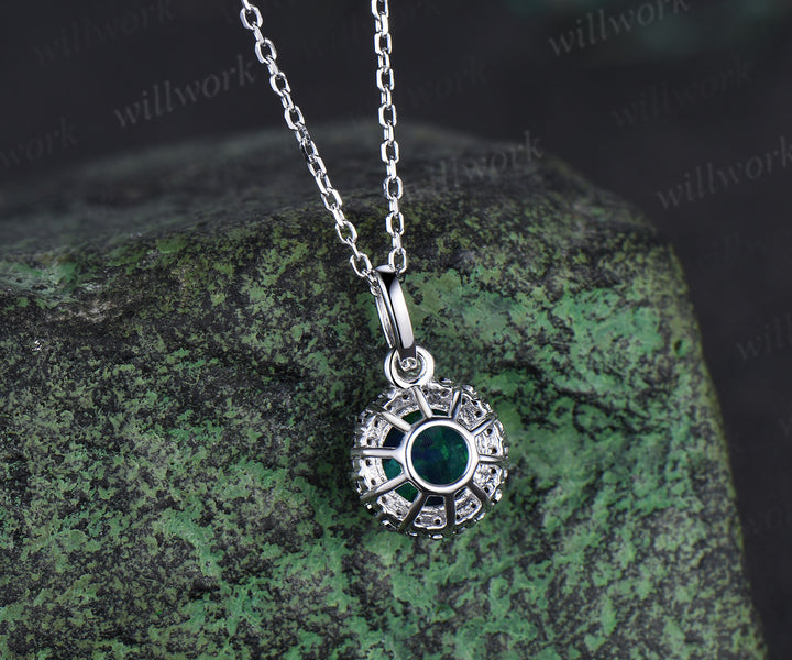 Vintage round black opal necklace unique black diamonds/black spinels pendant necklace wedding anniversary birthday gifts