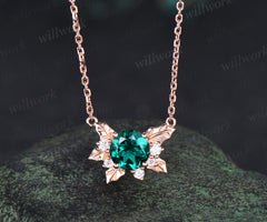 Round emerald leaf pendant necklace nature inspired moissanite rose gold necklace jewelry gifts for women