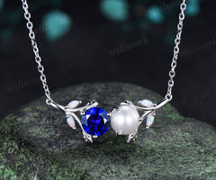 1ct Round Sapphire Pearl Leaf Vine Necklace Toi et Moi Pendant with Opal Unique Couple BFF Necklace Gifts