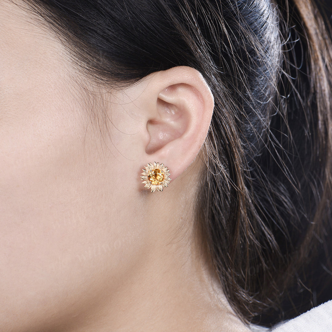 Round Cut Yellow Citrine Sunflower Stud Earrings Nature Inspired Citrine Flower Earrings November Birthstone Gift