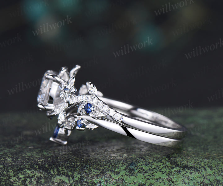 Round brilliant cut lab grown diamond leaf engagement ring set solid 14k white gold floral twig sapphire diamond promise ring unique bridal set