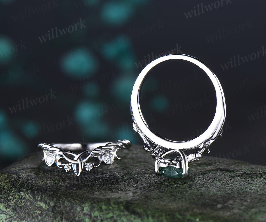 Vintage Heart Moss Agate Engagement Ring Twig Leaf Nature inspired Moon Diamond Celtic knot Wedding Ring Set