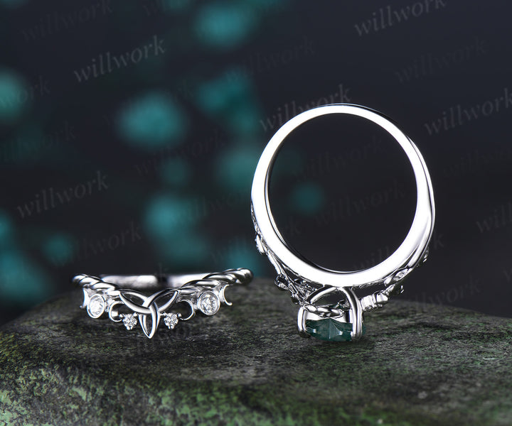 Vintage Heart Moss Agate Engagement Ring Twig Leaf Nature inspired Moon Diamond Celtic knot Wedding Ring Set