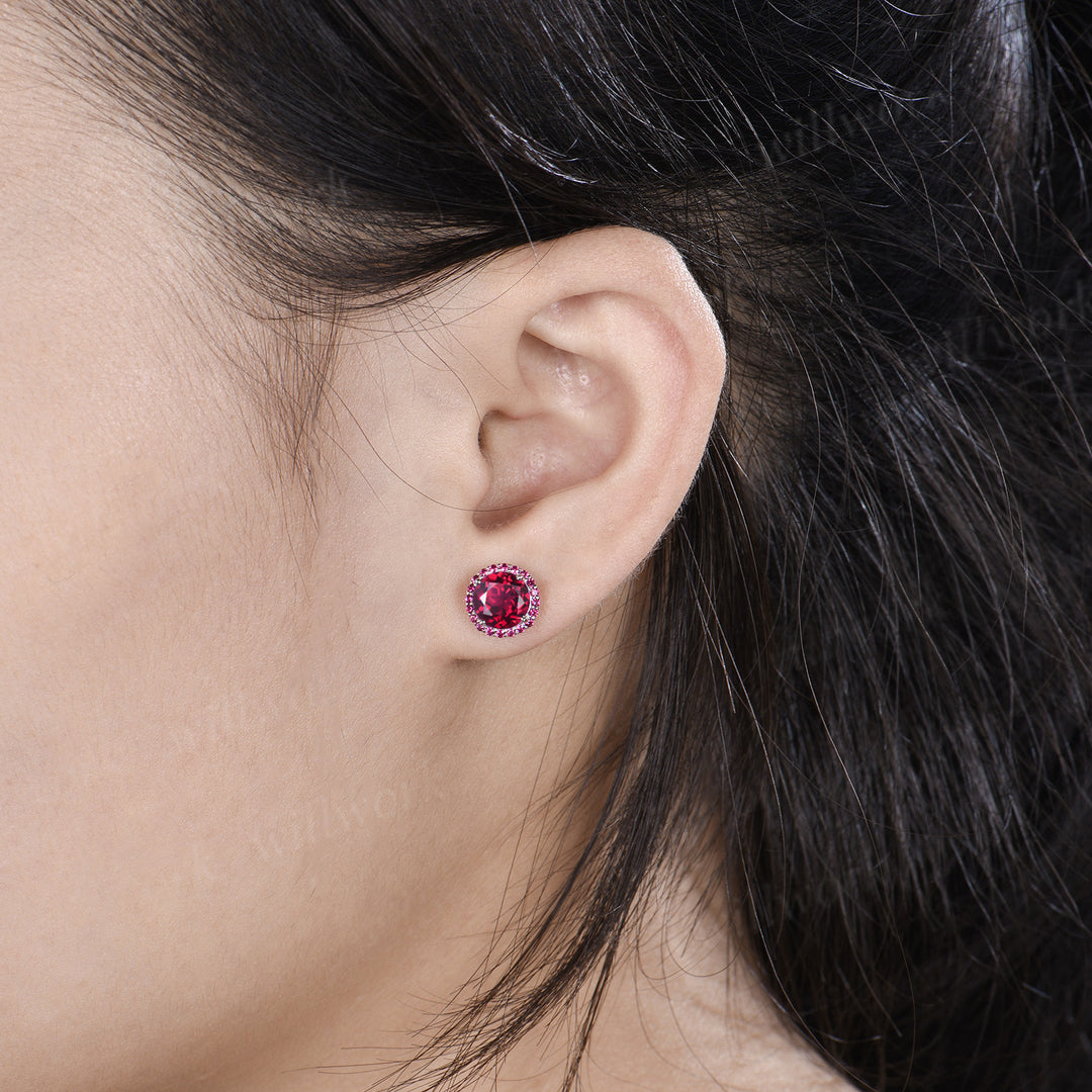 Vintage round ruby stud earrings red ruby halo piercing jewelry July birthstone gifts