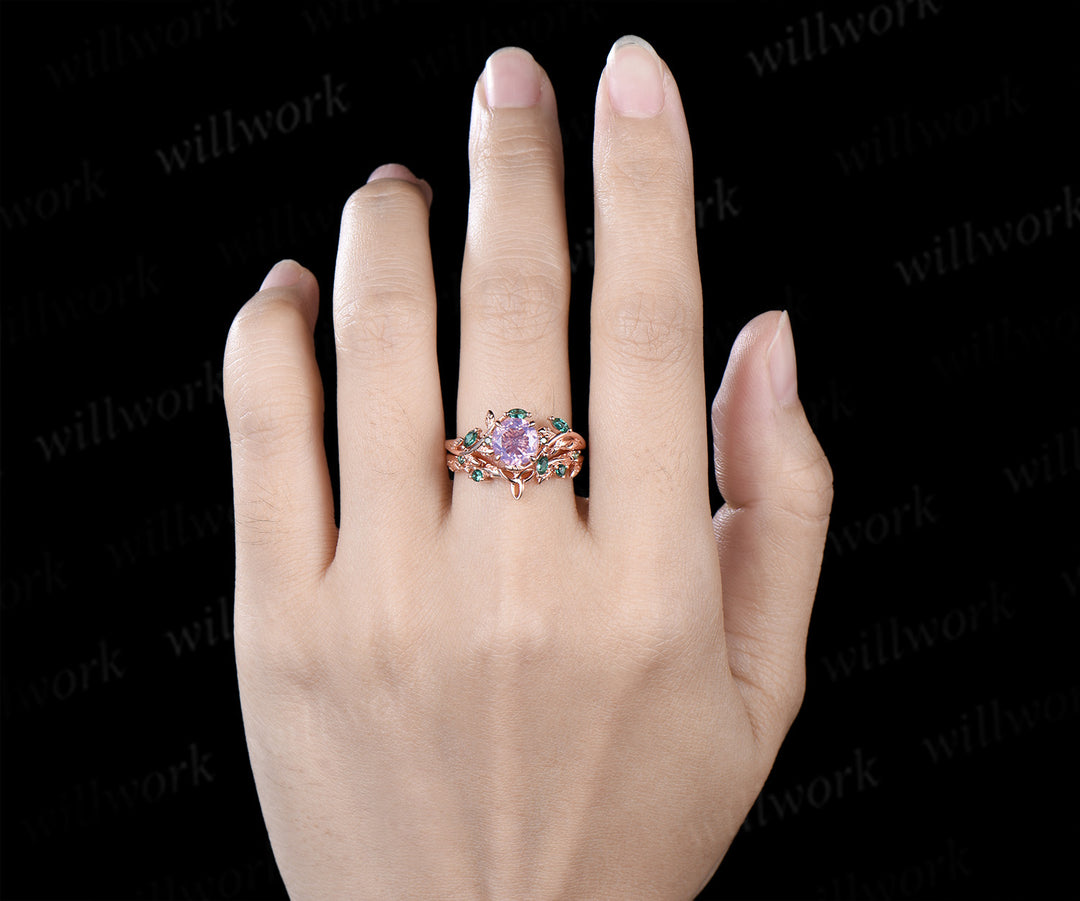 Round lavender amethyst engagement ring set marquise emerald twig ring celtic knot wedding band nature inspired bridal set