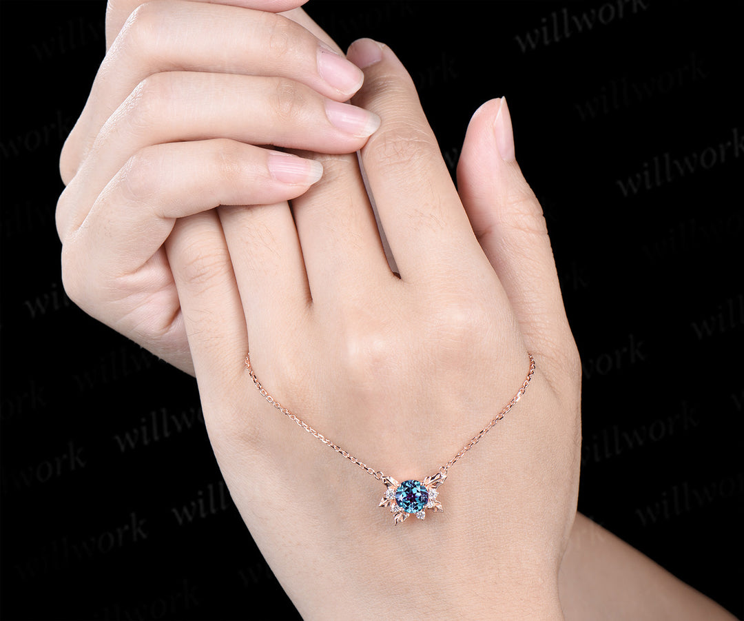 Nature inspired round alexandrite leaf pendant necklace color change gemstone moissanite pendant June birthstone gifts