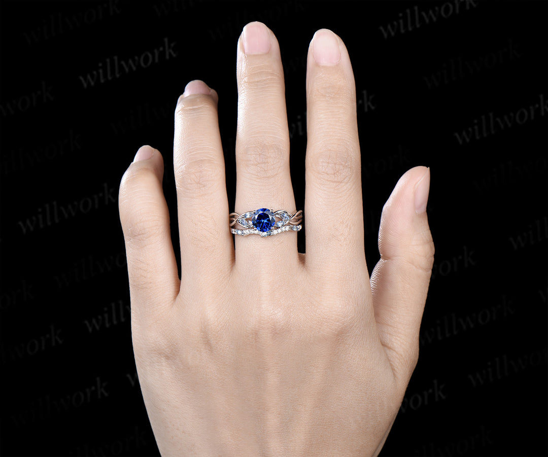 Round Cut Sapphire Engagement Ring Set Twisted Marquise Aquamarine Ring Wave Moissanite Stacking Ring Unique Bridal Set