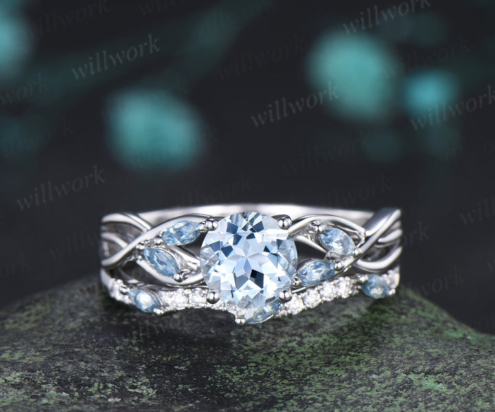 1CT round aquamarine ring set marquise aquamarine twisted engagement ring moissanite matching band March birthstone jewelry for her