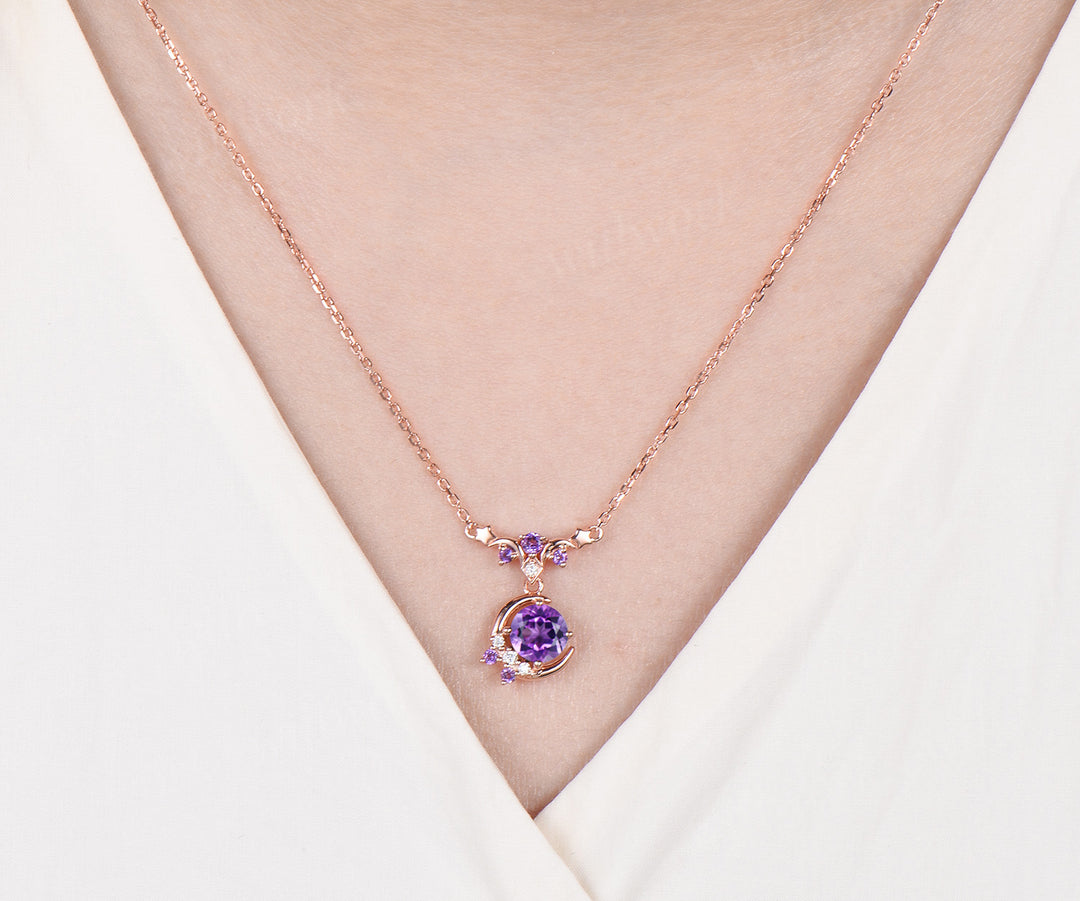 Round amethyst moon stars necklace February birthstone moissanite cluster pendant elegant wedding gifts