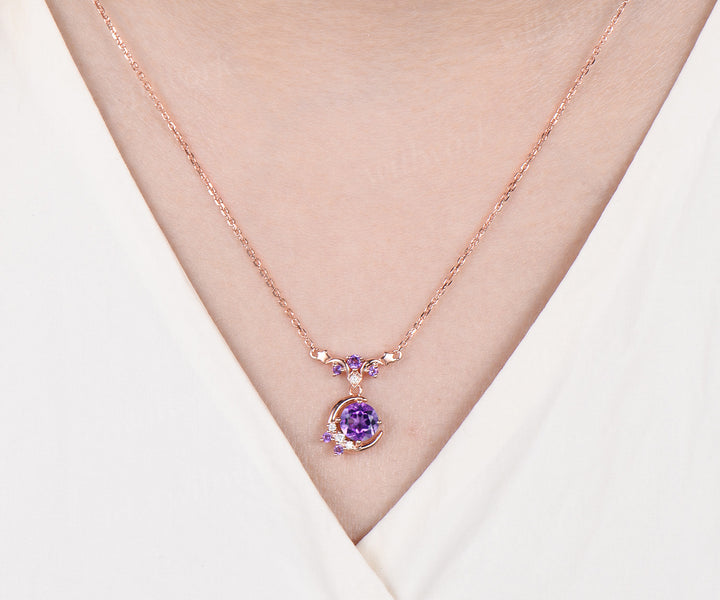 Round amethyst moon stars necklace February birthstone moissanite cluster pendant elegant wedding gifts